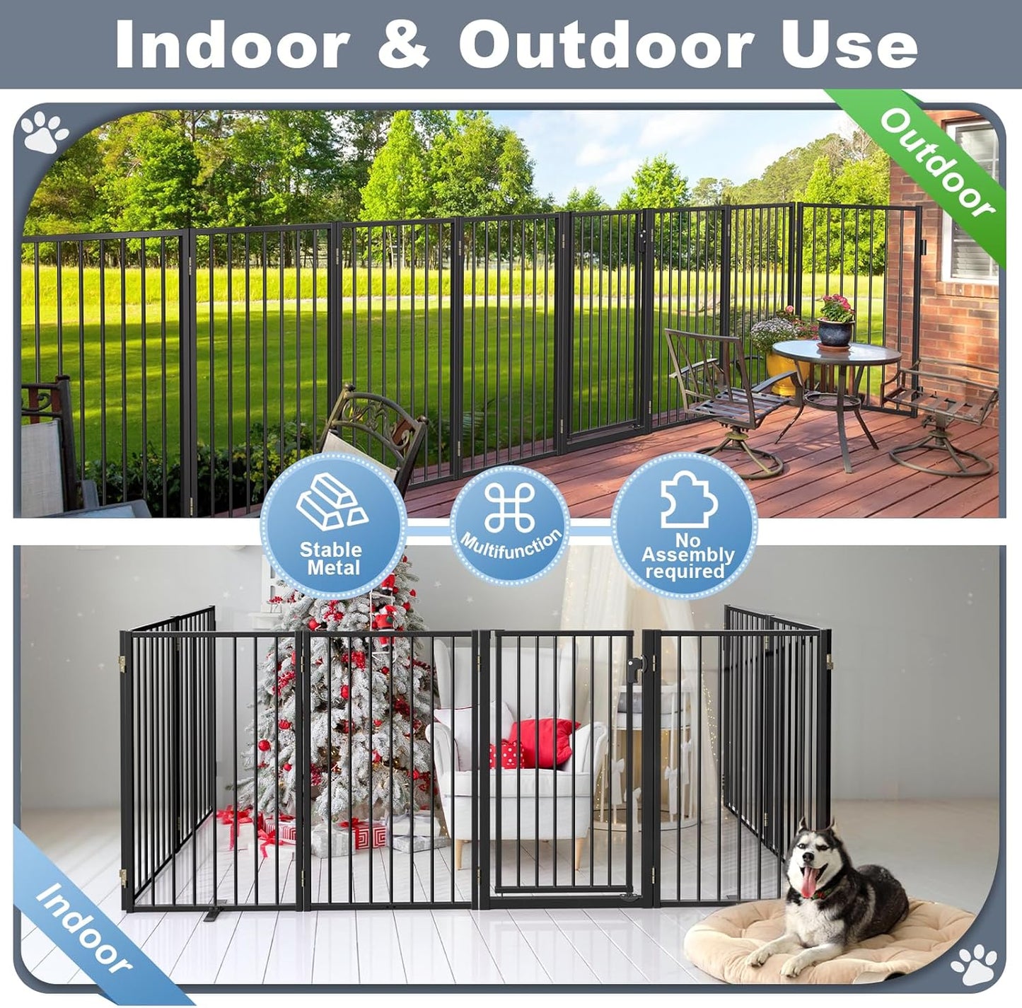 Metal Freestanding Dog Gates with Door for Outdoor Indoor,80'' Extra Wide 32'' Tall Free Standing Dog Gate for Doorways,Large Openings,Deck,Yard,Foldable Safety Pet Fence(Black,4 Panels)