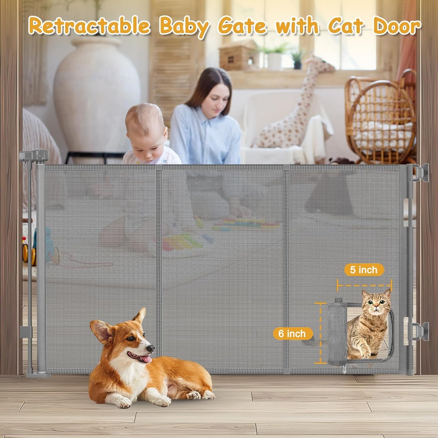Reinforced 60” Wide Retractable Dog Gate with Cat Door Gates for Pets with Reinforced Strips 33” Tall Mesh Baby Gate Retractable Pet Gates for Dogs Indoor with Door Cats Can in and Out Freely, Gray