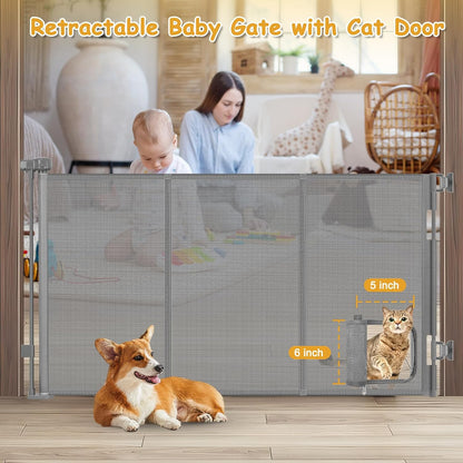 Reinforced 60” Wide Retractable Dog Gate with Cat Door Gates for Pets with Reinforced Strips 33” Tall Mesh Baby Gate Retractable Pet Gates for Dogs Indoor with Door Cats Can in and Out Freely, Gray