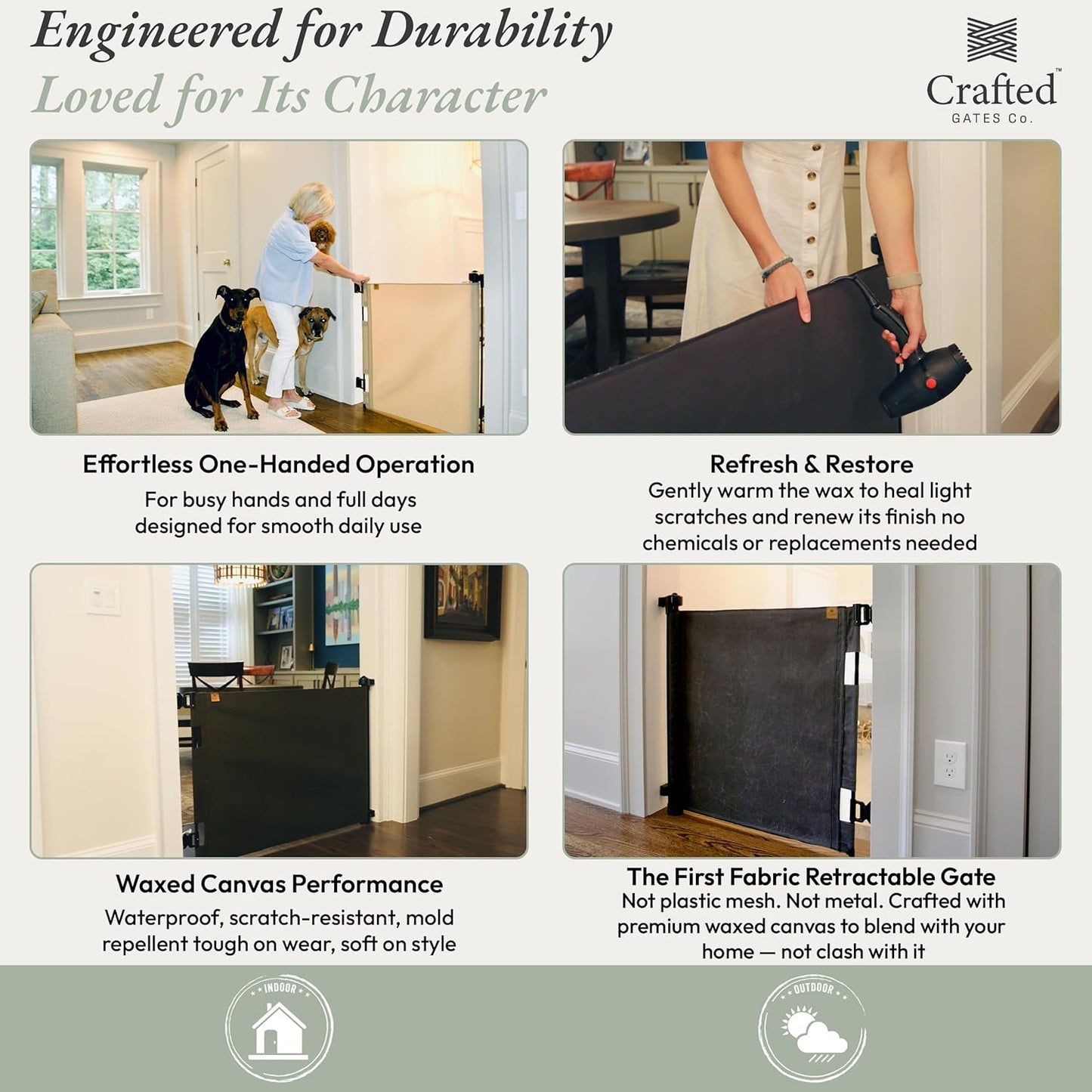 Crafted Gates Oil Waxed Canvas Fabric Retractable Dog Gate Indoor & Outdoor 27.6"–55" Wide x 33" Tall – Premium Designer-Grade Stair Gate for Dogs, Water Resistant, Scratch-Proof – Black