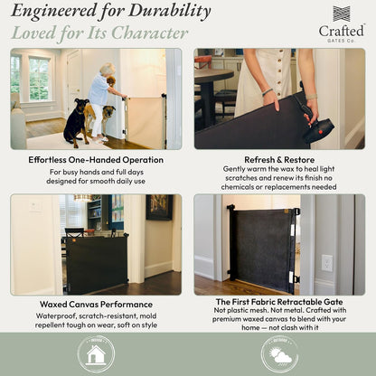 Crafted Gates Oil Waxed Canvas Fabric Retractable Dog Gate Indoor & Outdoor 27.6"–55" Wide x 33" Tall – Premium Designer-Grade Stair Gate for Dogs, Water Resistant, Scratch-Proof – Black