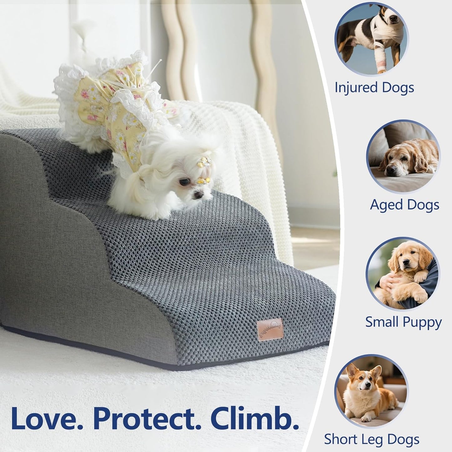 GoGoBunny Ramp Dog Stairs for Couch Sofa and Chair 15.7" H, 3-Step Pet Steps for Small Dogs and Cats, Non-Slip Waterproof Fabric Cover, Stable and Balanced Indoor Step, Pets Friendly, Grey