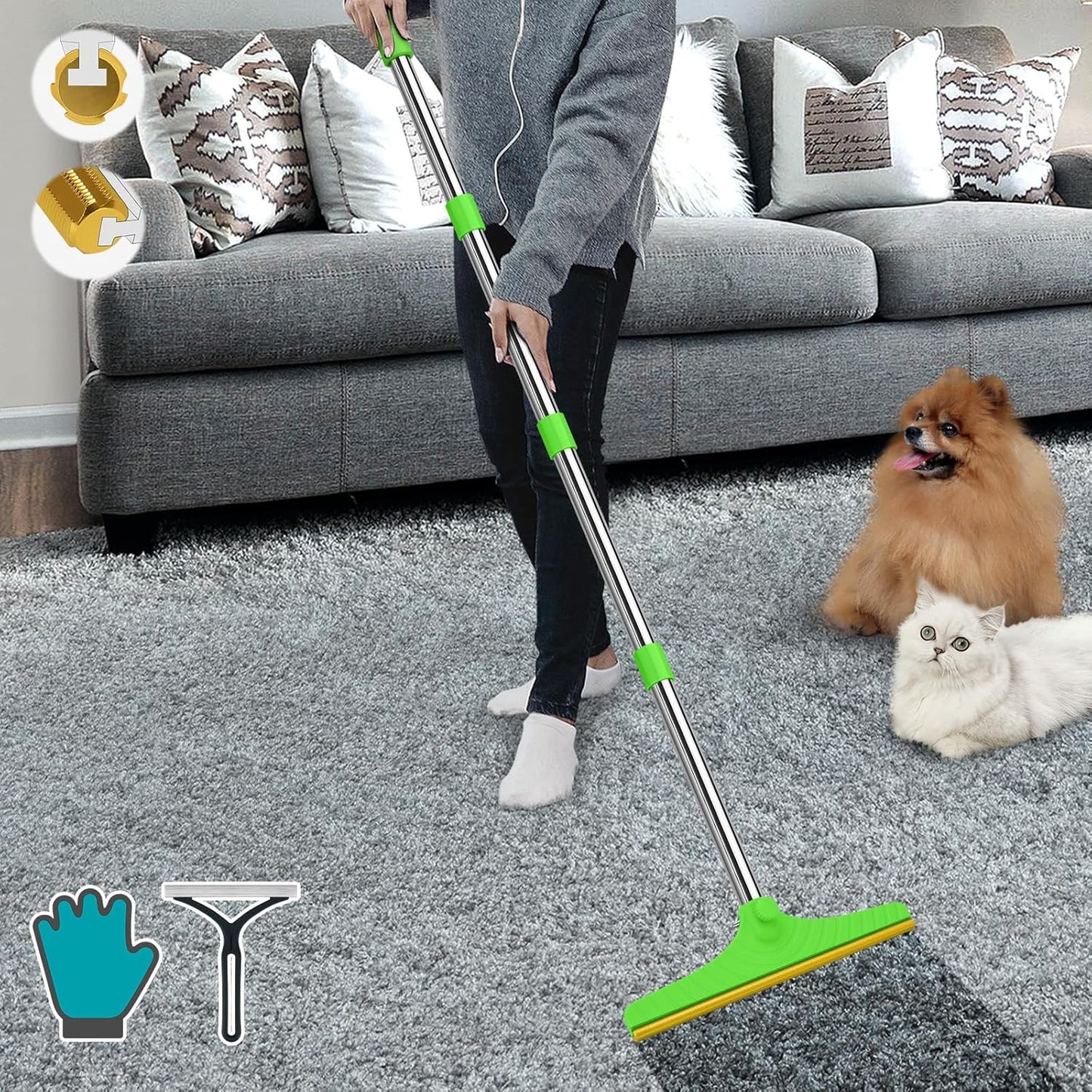 B-Land Carpet Rake for Pet Hair Removal, Reusable Pet Hair Remover with 60” Adjustable Long Handle, Carpet Scraper Broom Dog Cat Hair Remover Tool Fur Sweeper for Rugs, Mats