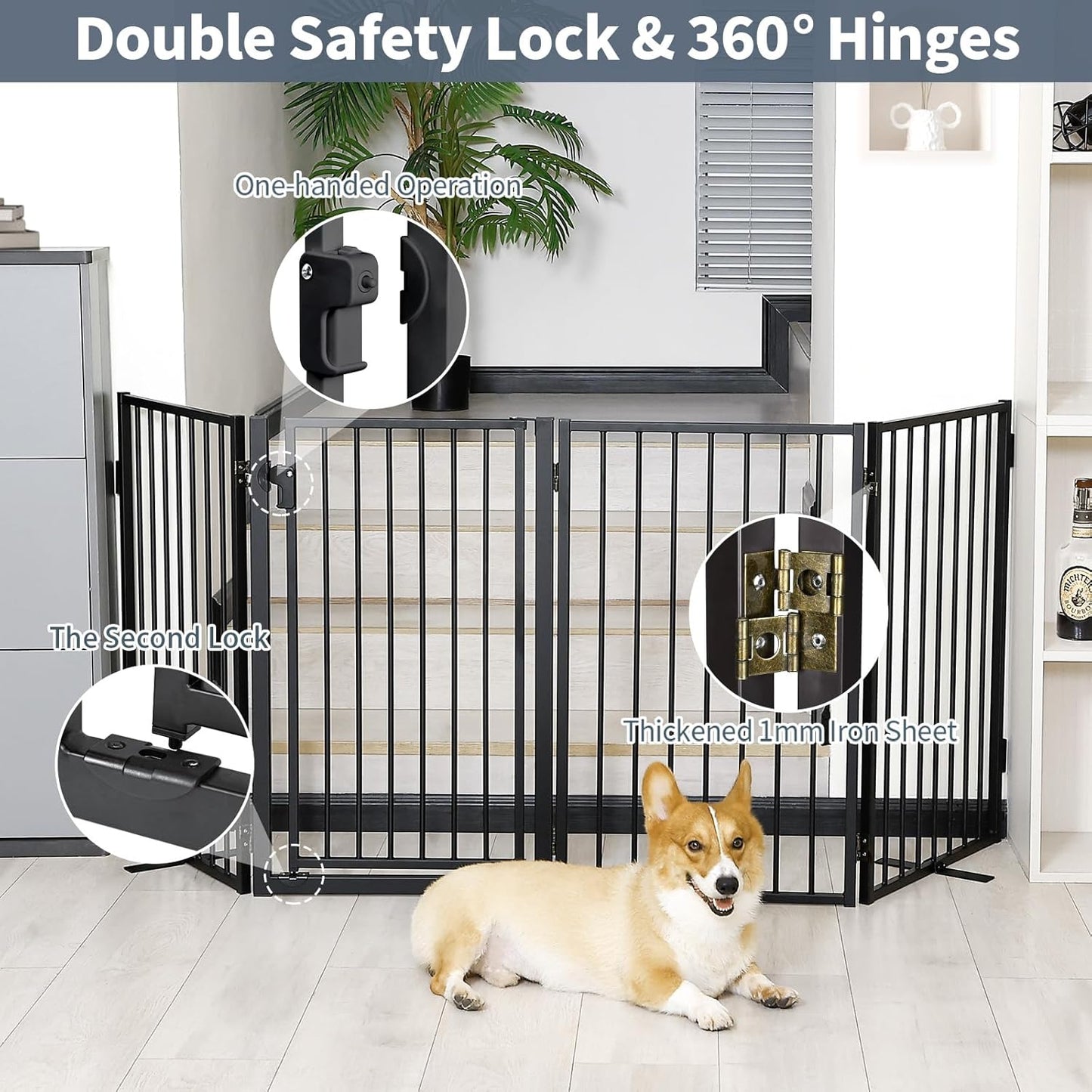 Metal Freestanding Dog Gates with Door for Outdoor Indoor,80'' Extra Wide 32'' Tall Free Standing Dog Gate for Doorways,Large Openings,Deck,Yard,Foldable Safety Pet Fence(Black,4 Panels)
