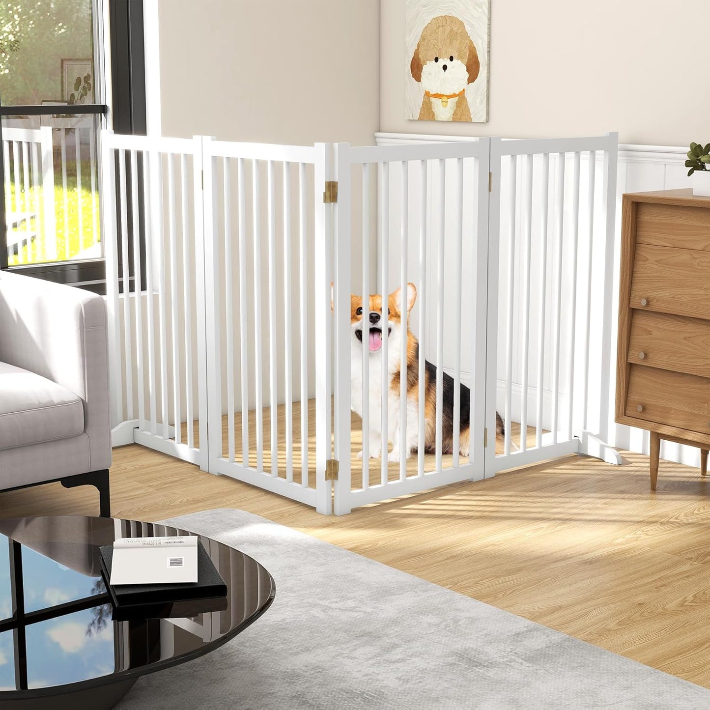 36" H Freestanding Dog Gate, Solid Wood Foldable Pet Gate with Support Feet, Wooden Tall Dog Gate for Doorway, Stairs & Indoor Use, 60" Wide Expandable Pet Fence, 3 Panels, Walnut