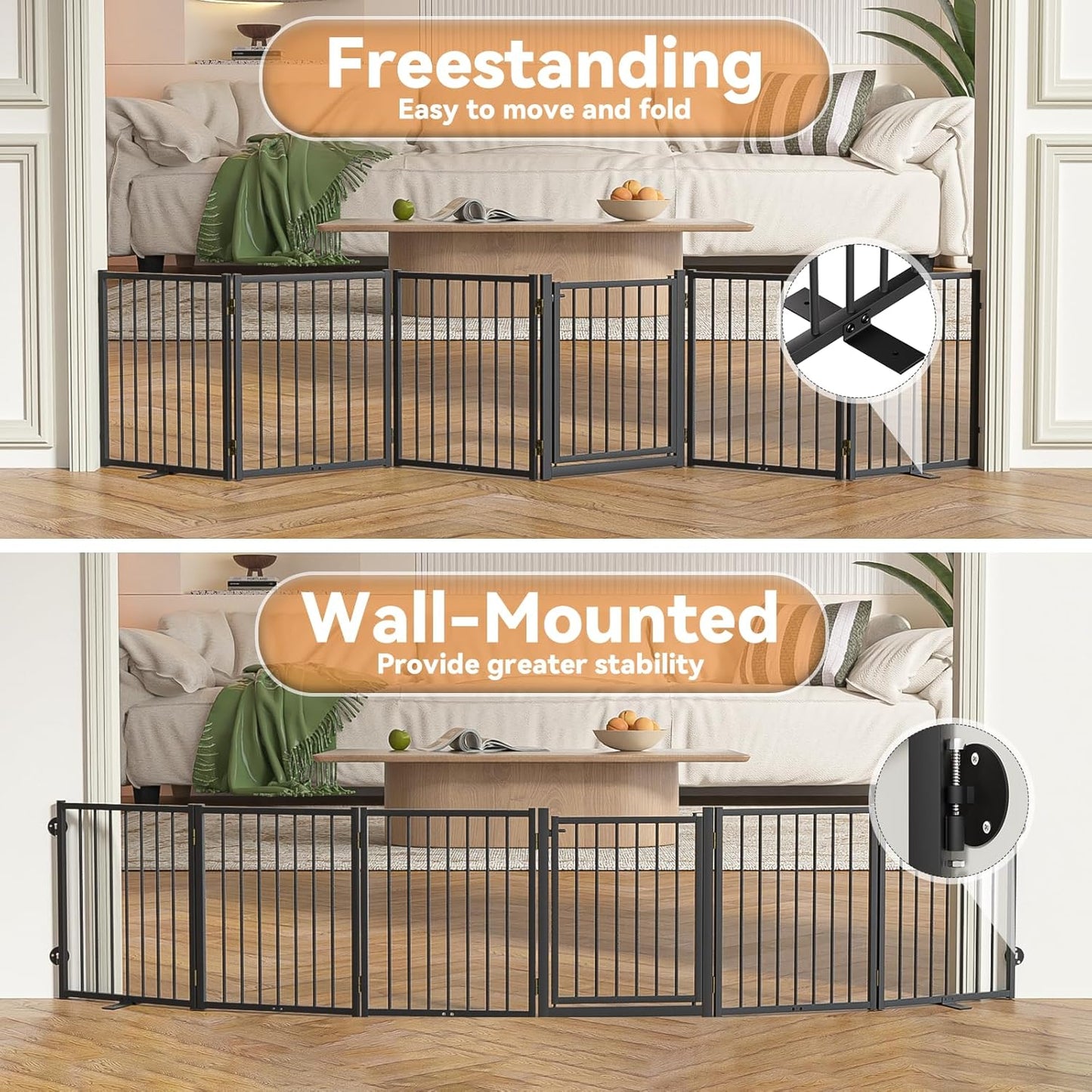 SNUOWU Full Metal Freestanding Dog Gate with Door, 32''Height Foldable Pet Dog Fence for Indoor & Outdoor, 4 Panels Extra Wide Free Standing TallDog Gates for Doorways,House,Stairs,Porch,Deck,Yard