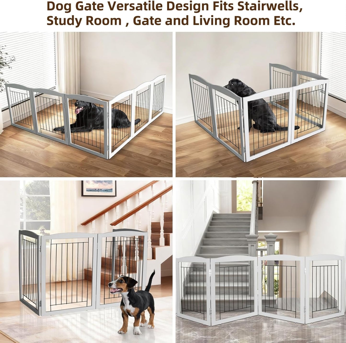 ZJSF Freestanding Foldable Dog Gate for House Extra Wide Wooden White Indoor Puppy Gate Stairs Doorways Pet Gate Tall Dog Fence 3 Panels Fence