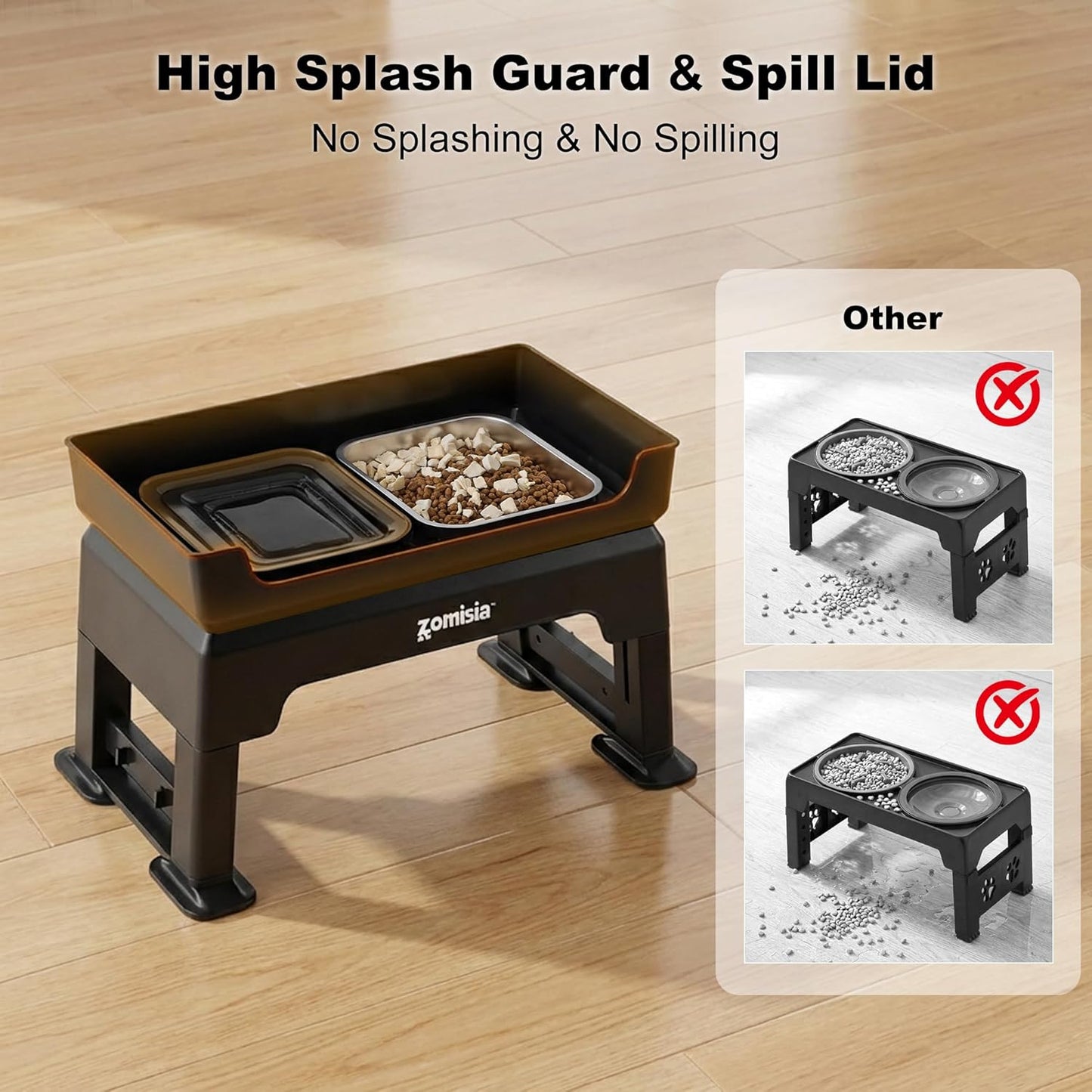 ZOMISIA 3-in-1 Elevated Dog Bowls - 6 Height Adjustable Raised Dog Bowl Stand, Double Deck Design Mess Proof, Feeding Station with 2 Stainless Steel Bowls & Licking Plate for Small Medium Large Pets