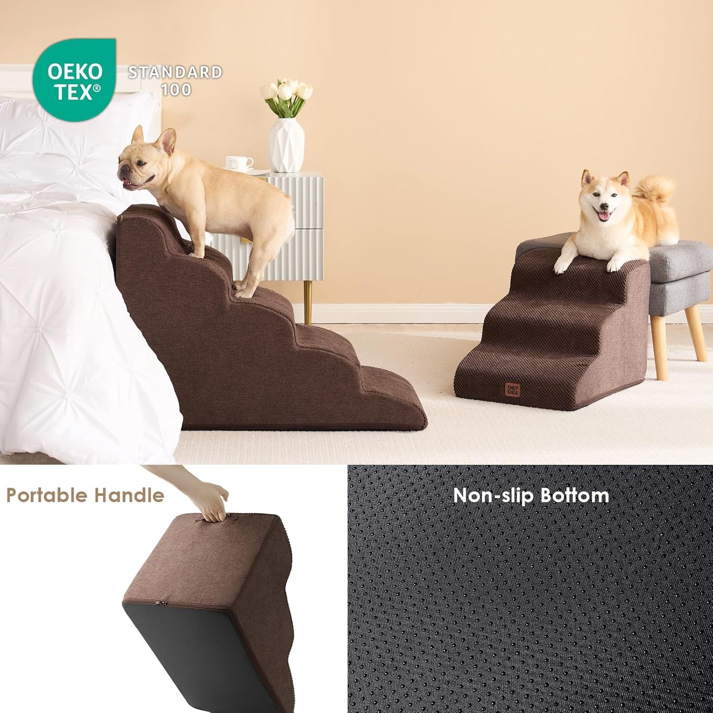 EHEYCIGA Curved Dog Stairs Ramp for High Beds 19.7" H, 4-Step Dog Steps for Small Dogs and Cats, Pet Stairs for High Bed Climbing, Non-Slip Balanced Pet Step Indoor, Grey
