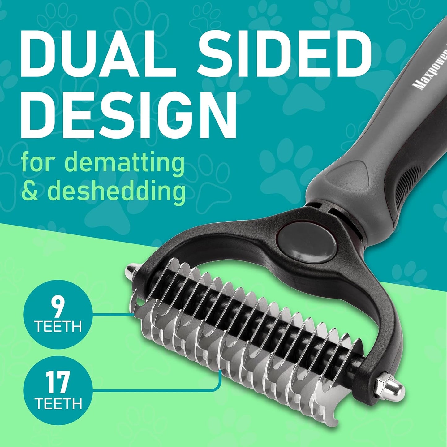 Maxpower Planet Hair Brush - Double Sided Shedding, Dematting Undercoat Rake for Dogs and Cats - Extra Wide Dog Grooming Brush, Reduce Shedding by 95%, Turquoise