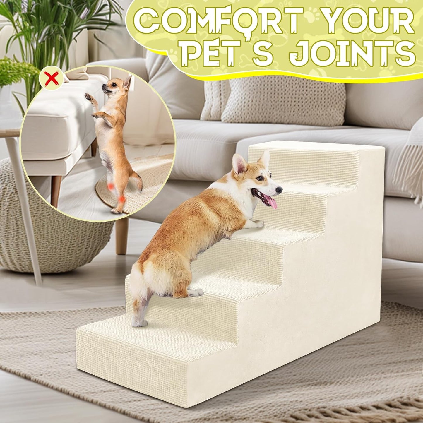 Niubya Dog Stairs for Small Dogs and Cats,18'H Non-Slip Bottom Pet Steps for High Beds and Couch,Extra Wide High-Density Foam Pet Stairs Grey,4 Steps