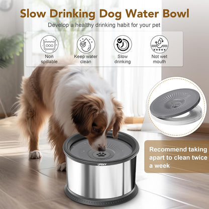 UPSKY 2.5L Dog Water Bowl, No Spill Dog Water Bowl, Stainless Steel Spill Proof Slow Water Feeder,No Splash Water Bowl with Anti-Slip Mat for Messy Drinkers Grey, D.2.5L