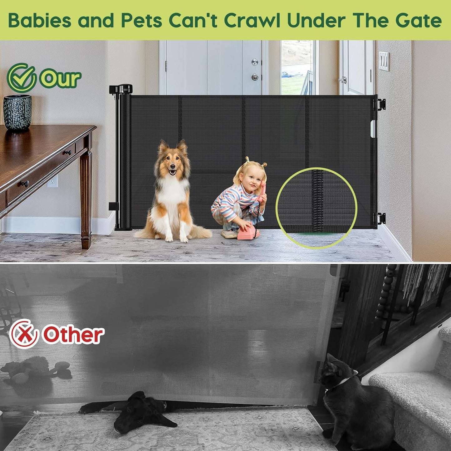 Reinforced 80 Inch Retractable Baby Gate Extra Wide Baby Gate for Wide Openings, Indoor/Outdoor Retractable Dog Gate for Doorway, Mesh Dog Gate Indoor Prevent Babies/Pets from Crawling Under, Black