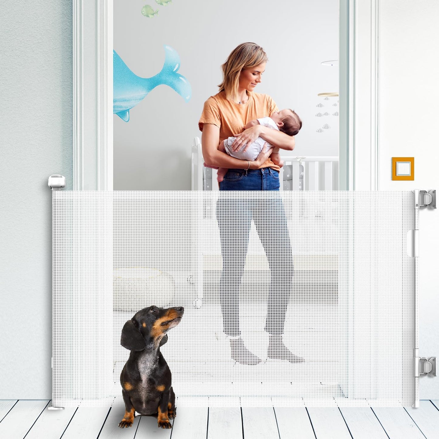 Upgraded Retractable Baby Gate for Stairs, 33"Tall Expands 71"Wide Ideal Safety Solution Dog Gate for Stairs Doorways Hallways Indoor/Outdoor Mesh Baby Gate Retractable Screen Door(Black,86CMx180CM)