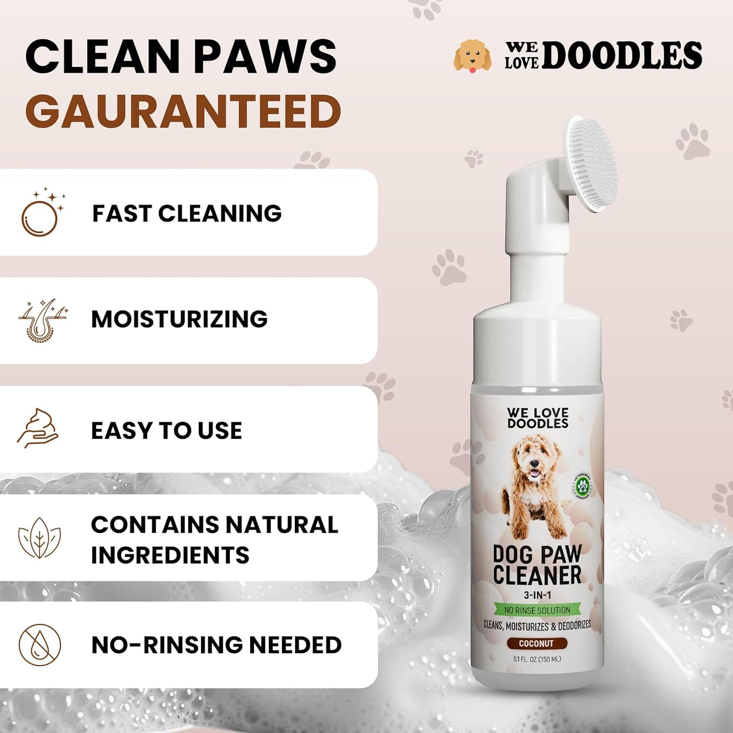 We Love Doodles No-Rinse Dog Paw Cleaner with Built-in Silicone Bristle Brush | 3-in-1 Dirty Paw Washer Foaming Foot Cleaner for Muddy Pet| Gentle Moisturizing Waterless Shampoo - Lavender | 5 fl oz