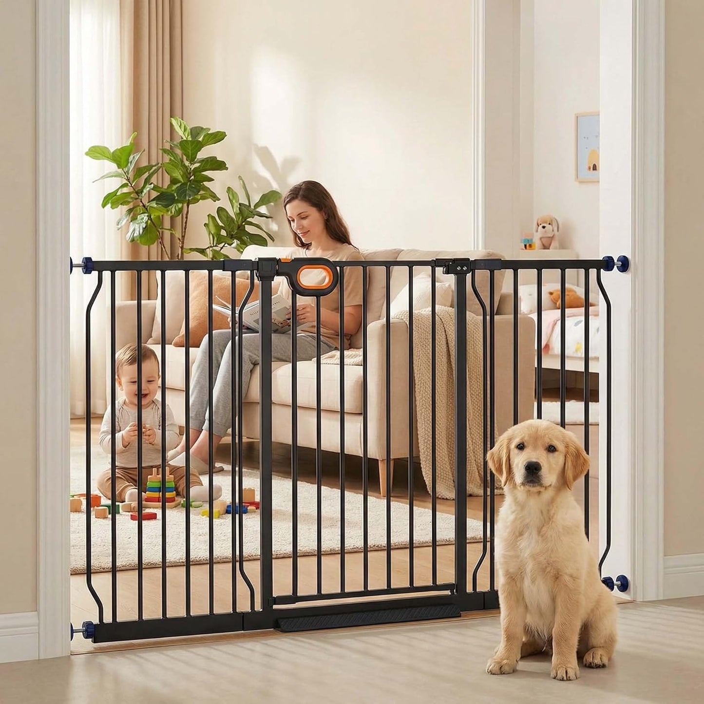 Baby Gates Extra Wide for Large Opennings with Door Pressure Mounted 90.6-95.2 Inch Extra Wide Baby Gate Dog gate for Doorways Indoor Metal Gate No Drilling with Walk-Through Door,White