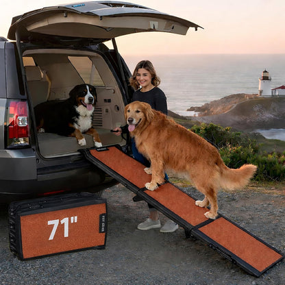 Pet Gear Travel Lite Ramps for Dogs and Cats, Compact Easy-Fold, Lightweight and Portable, Built-in Carry Handle, Supports 200lbs, Size 71" x 16", Yellow- Reflective