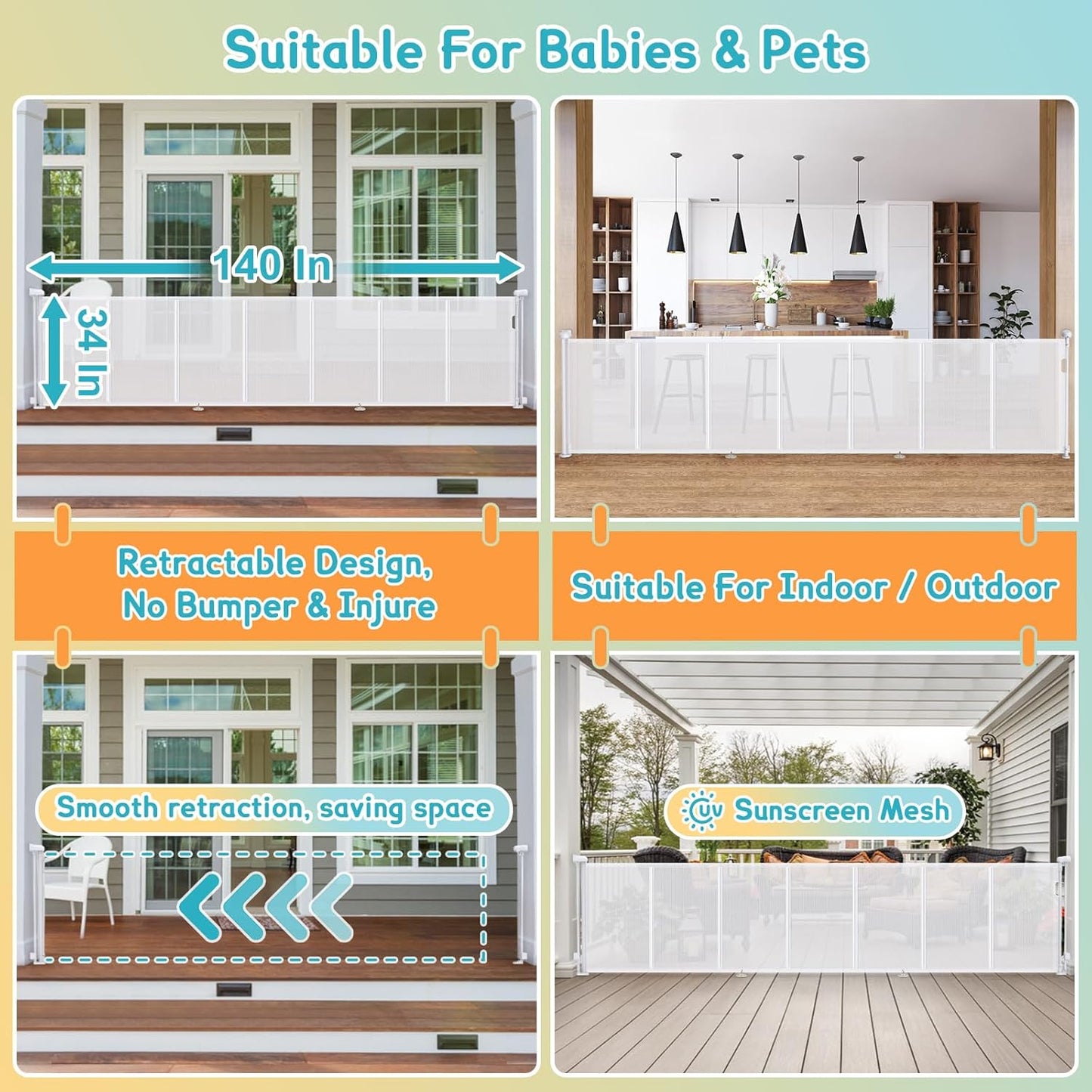 Retractable Baby Gates Extra Wide 150" × 34" Tall for Large Opening 12.5 Foot Retractable Dog Gate for Doorways, Stairs, Aisle, Indoor/Outdoor Retractable Gate for Garage, Hallways, Deck