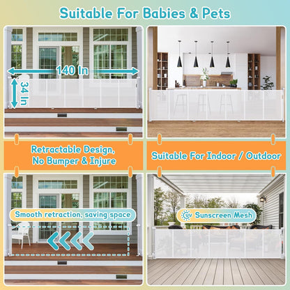 Retractable Baby Gates Extra Wide 150" × 34" Tall for Large Opening 12.5 Foot Retractable Dog Gate for Doorways, Stairs, Aisle, Indoor/Outdoor Retractable Gate for Garage, Hallways, Deck
