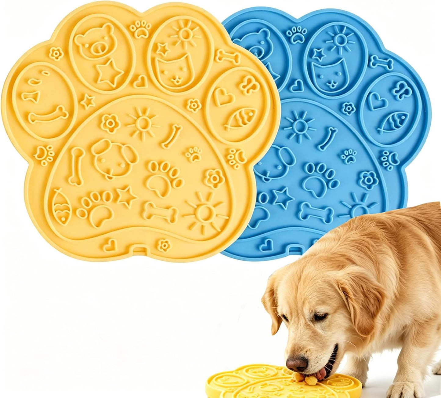 Lick Mat for Dogs, Puppies & Cats - 2 Pack Cat Paw Shaped Slow Feeder Pad, Fun Cartoon Rubber Suction Mat, Yellow & Blue, Easy Clean for Bathing Grooming & Anxiety Relief