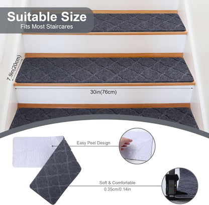 Extra Wide Non Slip Stair Treads for Wooden Steps – 15 Pack 9" x36'' Extra Wide Carpet Runners with Reusable Adhesive, Step Pads for Dogs, Kids, Seniors, Machine Washable – Geige
