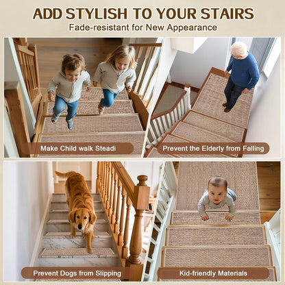 Stair Treads Non Slip, Rubber Backing Stair Treads for Wooden Steps, 15 PCS Thicken Linen Carpet Stair Runners Indoor for Kids Elders and Pets, No Residue Stair Carpet Treads, 8"x30", Beige