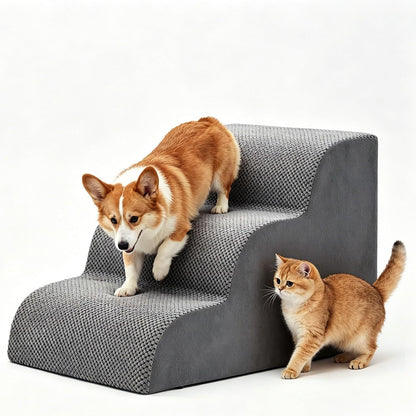 DUMOS Dog Stairs for Small and Medium Dogs, 3-Step Pet Steps with High-Density Foam, Indoor Non-Slip Pet Ramp for Puppy and Older Dogs Cats, Dog Bed Stairs for Couch and Sofa, Grey