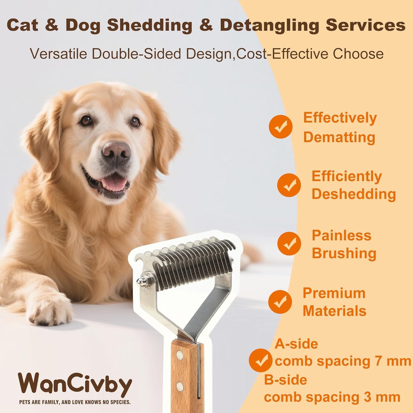 Undercoat Rake Pet Brush with Square Handle, Premium Dematting Comb & Cat Dog Shedding Tool, Efficient Grooming Brush for Detangling Mats & Loose Fur, Ideal for Large Medium Small Dogs and Cats