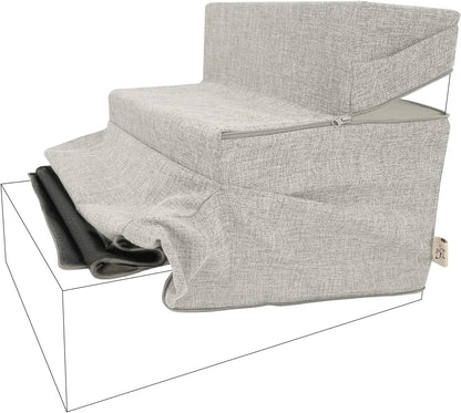Best Pet Supplies Non-Slip Foam Dog Stair & Pet Ramp, Balanced Indoor Step Support - Foldable Stair, Ash Gray Linen,3-Step