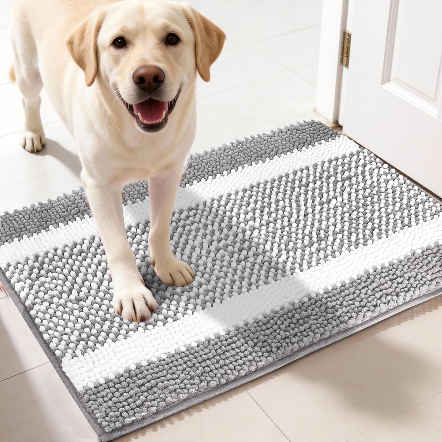 pobopobo Dog Door Mat for Muddy Paws - Absorbent & Washable Chenille Rug, Non-Slip Dirt Trapper for Indoor Outdoor Entryway, Quick Dry Pet Mat for Muddy Dogs (Striped Gray-Blue&White, 24" x 16")