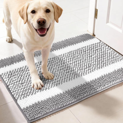 pobopobo Dog Door Mat for Muddy Paws - Absorbent & Washable Chenille Rug, Non-Slip Dirt Trapper for Indoor Outdoor Entryway, Quick Dry Pet Mat for Muddy Dogs (Striped Gray-Blue&White, 24" x 16")