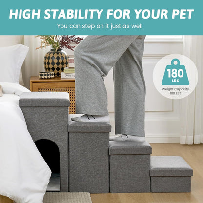 Dog Stairs with Storage, 4-Step Wider Sturdy Dog Steps for Small/Medium/Large Dogs and Older Cats, Folding Doggie Ramp for Bed/Couch/Car Hold Up to 180 lbs (22" H, Brown)