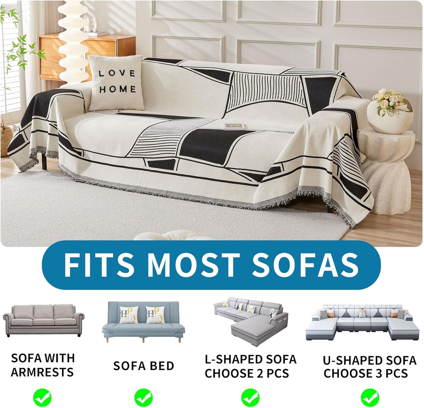 HAOMAIJIA Non Slip Couch Cover Sofa Covers for 3 Cushion Couch Washable sectional Couch Covers for Dogs pet Furniture Protector Couch Cover Blanket for Living Room (Off White, 91"x134")