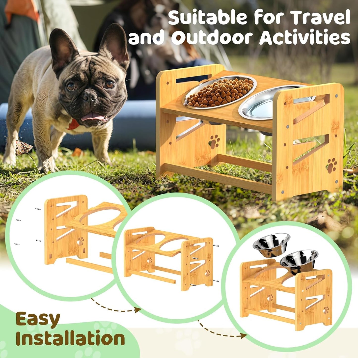 Elevated Dog Bowls, Adjustable Raised Dog Bowl Stand for Medium and Small Dog, 11" High Bamboo Pet Food Feeder with 2 Stainless Steel Dishes（4 Heights）