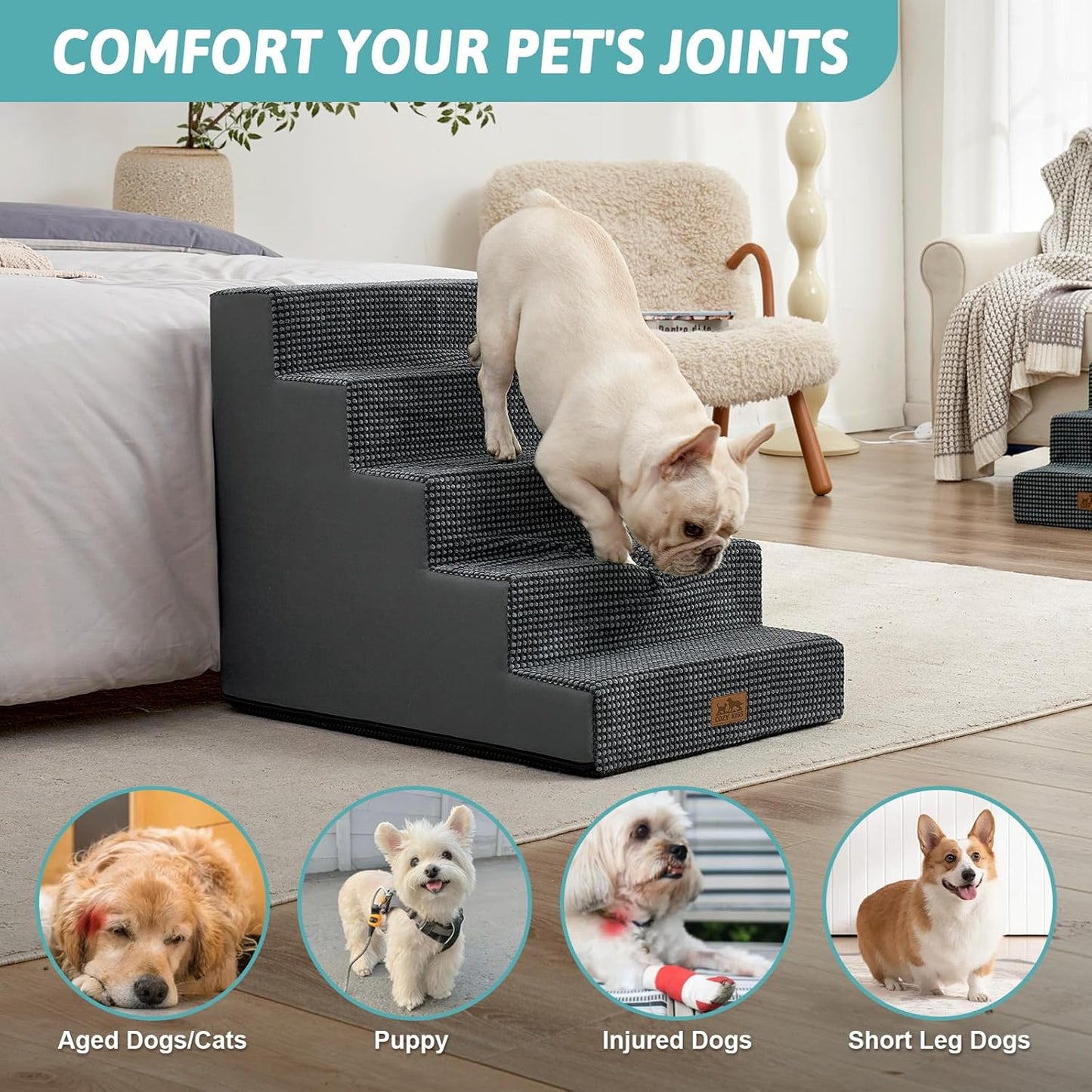 COZY KISS Dog Stairs for Small Dogs, 4 Tier Wider Pet Stairs for Couch and Beds, 17.7" H Non-Slip Dog Steps for Old Cats, Puppy, Small Medium Dogs, 17.7x23.6x17.7 inch, Beige