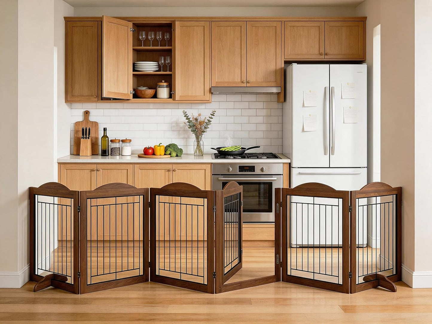 Vantas Espresso Wooden Folding Dog Gate 144" Wide x 30" Tall with Door, Freestanding Pet Gate, Pet Puppy Safety Fence