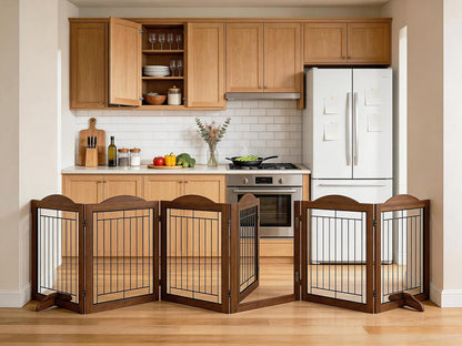 Vantas Espresso Wooden Folding Dog Gate 144" Wide x 30" Tall with Door, Freestanding Pet Gate, Pet Puppy Safety Fence