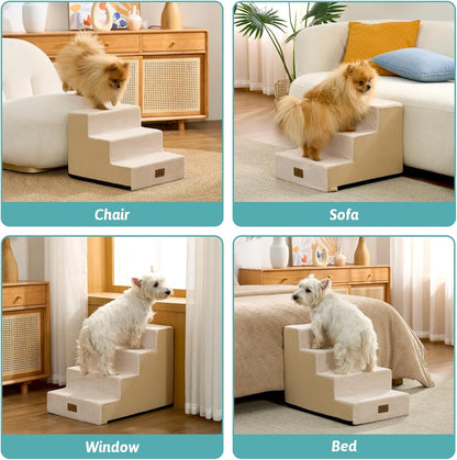 COZY KISS Dog Stairs for Small Dogs, 4 Tier Wider Pet Stairs for Couch and Beds, 17.7" H Non-Slip Dog Steps for Old Cats, Puppy, Small Medium Dogs, 17.7x23.6x17.7 inch, Beige