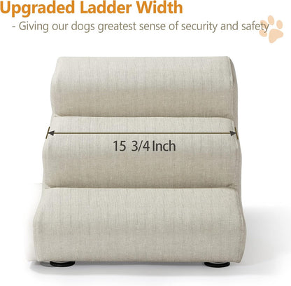 Senneny Imitation Linen Faux Leather Dog Stairs, for Pets up to 150 lbs, Waterproof, Scratch Resistant Pet Steps/Stairs with High Density Foam and Detachable Wooden Legs, Light Beige Linen, 4 Step