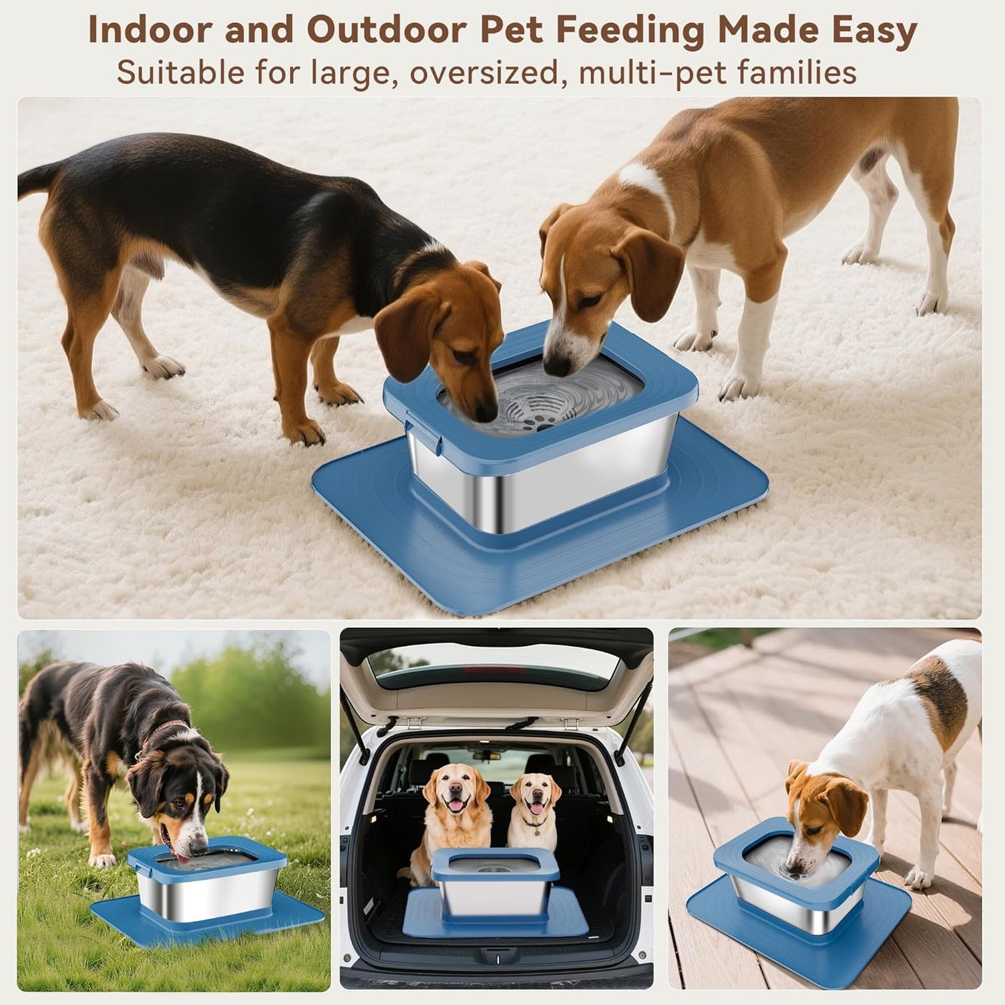 10L No Spill Dog Water Bowl, 2.6 Gal Stainless Steel No Splash Large Dog Water Bowl with Non-Slip Silicone Mat, Spill Proof Slow Drinking Pet Bowls for Messy Drinkers Indoor/Outdoor Use Black