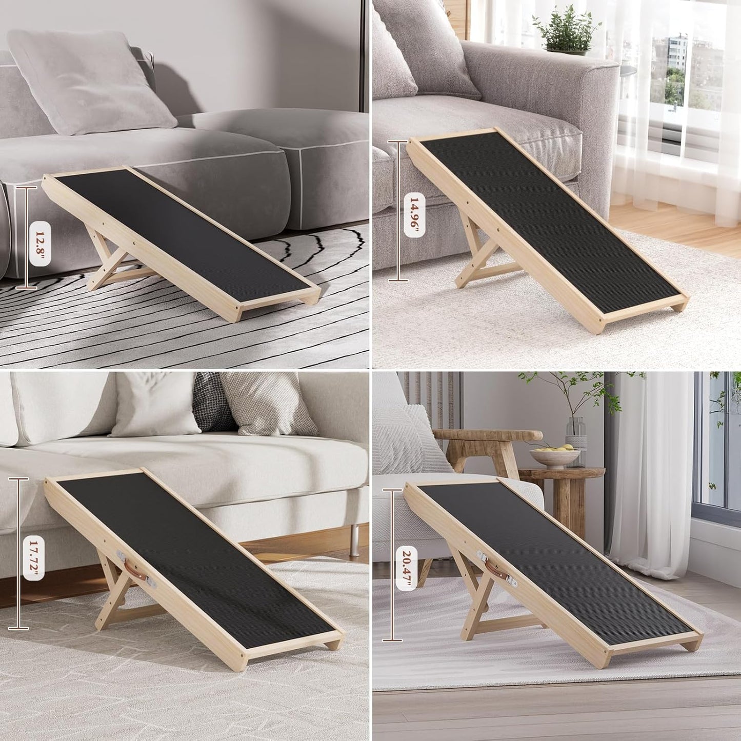 Dog Ramp for High Bed, Couch, Car, Pet Ramps 55.12" Long Adjustable 19.3"-27.17" Wooden Dog Step with Anti-slip Rubber Mat & Safety Side Rails for Small Medium Large Older Pets, up to 250 lbs