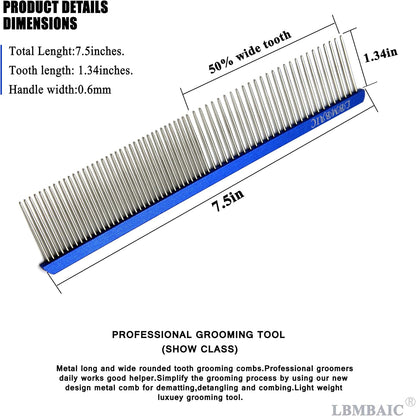 Metal Dog Grooming Comb for Shedding Tangles,Knots,Mats.Dog Combs With Long Wide Tooth for Long Thick Curly Hair Metal Pet Comb for Poodles and Goldendoodles Dematting.7.5INCHES.(Blue)