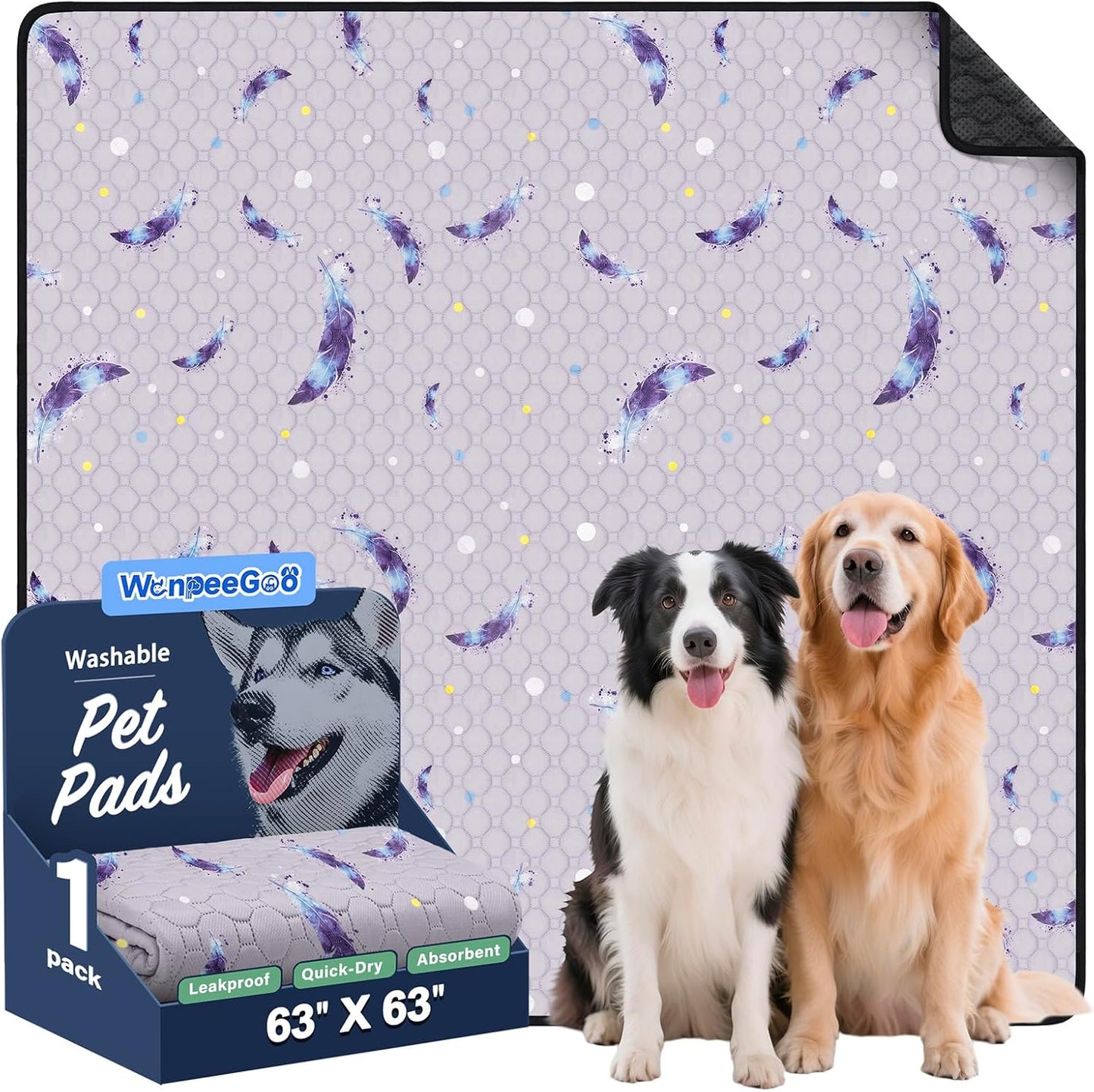 WanpeeGoo Washable Pee Pads for Dogs, 2Pack Reusable Puppy Pads, Super Absorbent & Leakproof Dog Pads, Anti-Slip Dog Pee Pads for Puppy Training & Incontinence, Feather Pattern 36"x41"