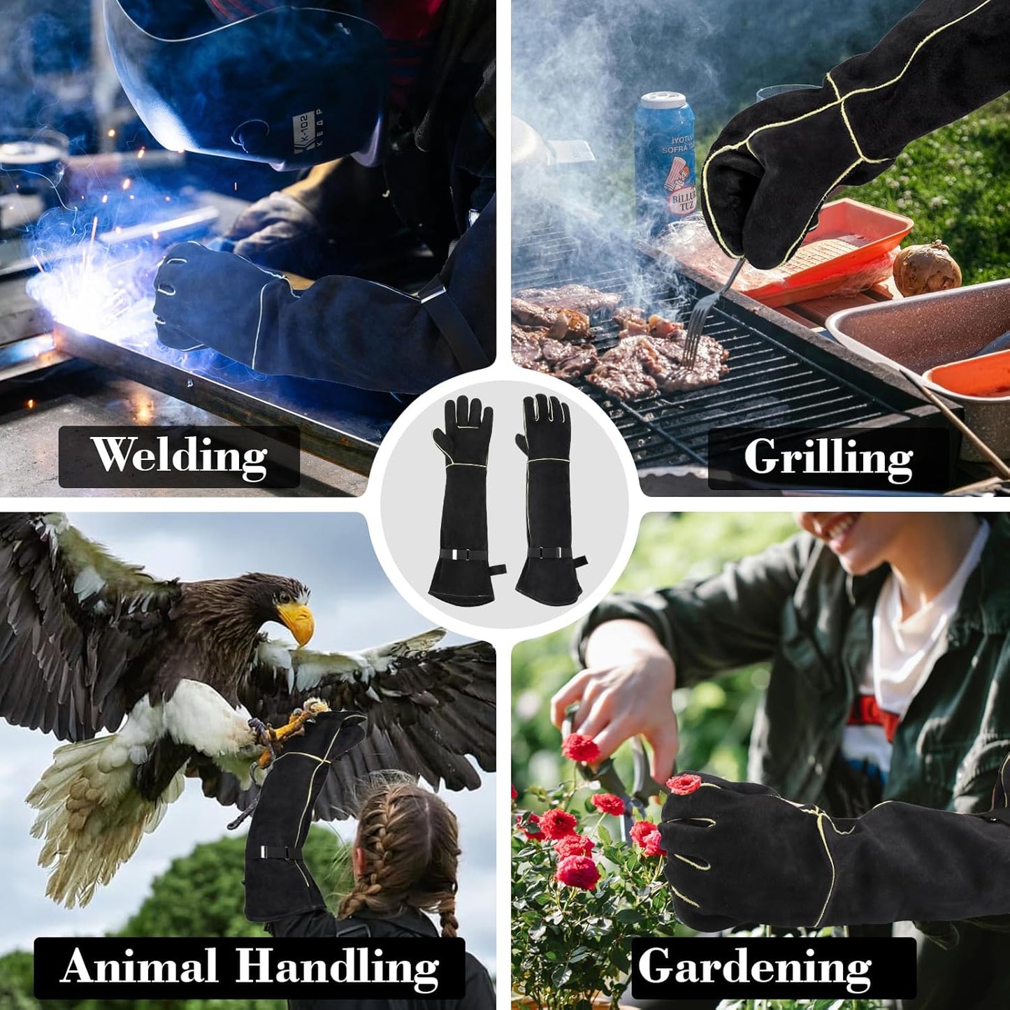 Heavy Duty Animal Handling Gloves - Cat Gloves Bite Proof, Ideal for Dog Training, Falconry, Welding, Gardening - 21.6 inch Grey Black