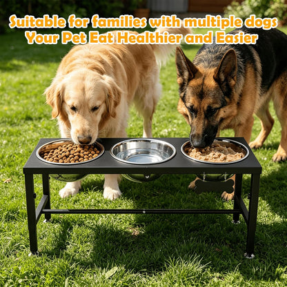 ADENGL Metal Raised Dog Bowl, 10" Tall Elevate Dog Feeder Stand with 2 Stainless Steel 42oz Bowls & 16x24 Non-Slip Mat – Stronger Dogs Food & Water Bowl Stand (Black)