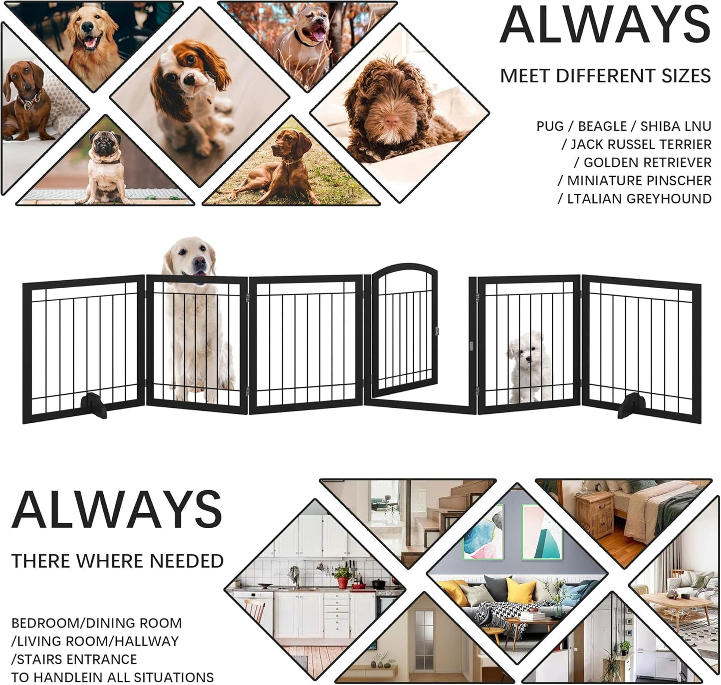 JSB 72-inch Extra Wide 28-inch Tall Dog gate, Freestanding Pet Gate for Halls, Stairs & Home, Pet Puppy Safety Dog Fence with 2PCS Support Feet (Black)