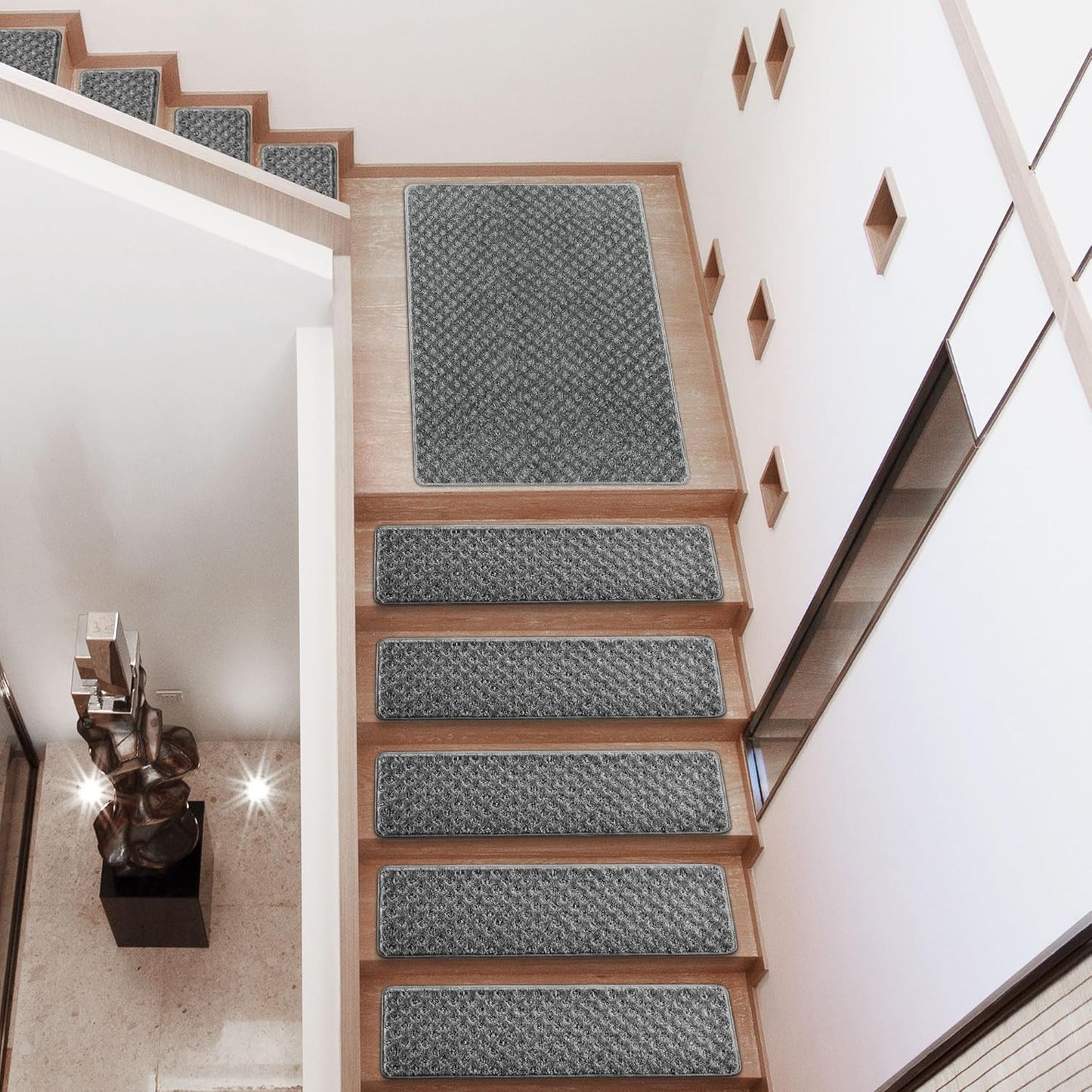 PURE ERA Bullnose Carpet Stair Treads Set Tape Free Non-Slip Indoor Stair Protectors Pet Friendly Rugs Covers Soft Skid Resistant Washable Reusable 9.5" x 30"(14 Pieces,Cream Gray)