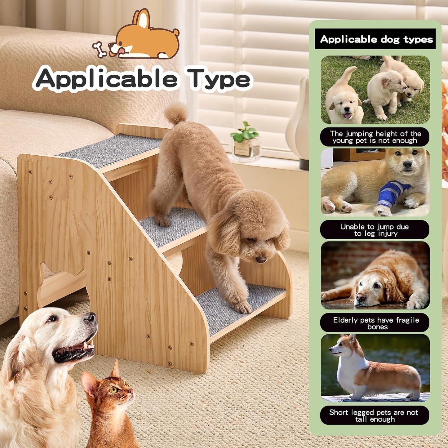Dog Stairs for Small Medium Large Dogs 14.17" H Load Capacity 150lbs Solid Wood Non-Slip Sturdy Pet Steps for Bed & Couch 3 Step 15.75 * 16.93 * 14.17"