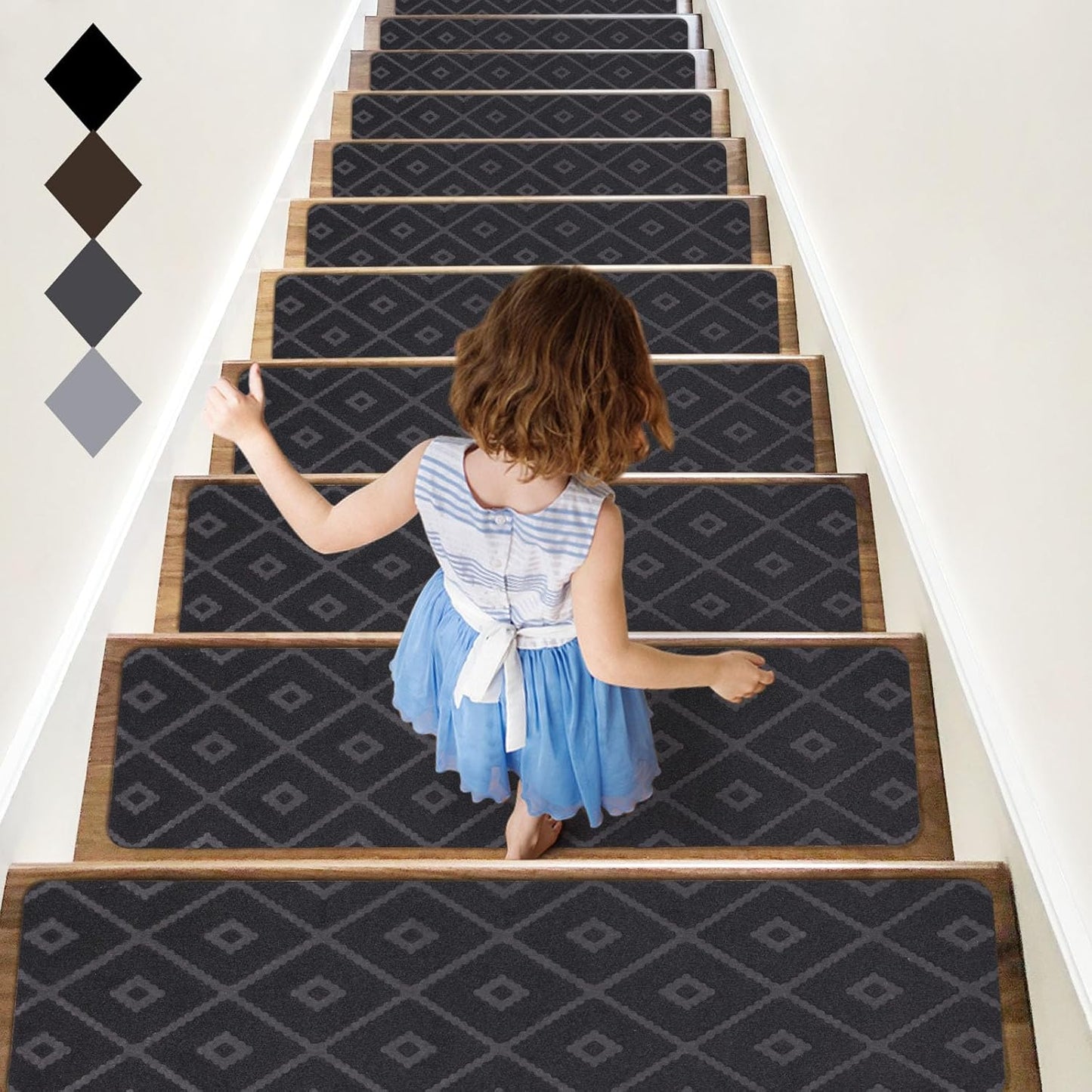 RIOLAND Stair Treads Carpet Non-Slip Indoor 15 PCS Wood Stair Treads Rugs Anti Moving Modern Stair Runners Safety for Kids Dogs, 8" X 30", Diamond Gray