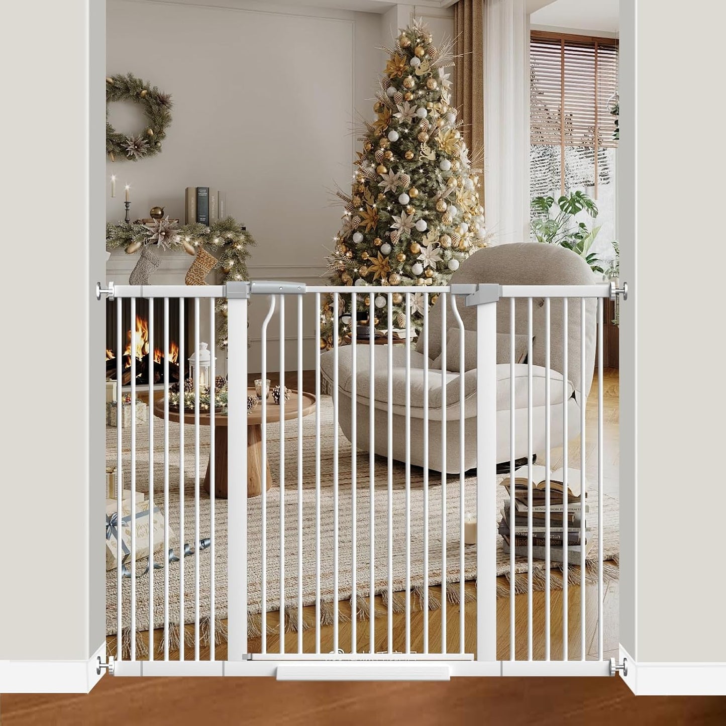 41" Extra Tall Cat Gate for Doorway, 49.2-54.7 Metal Pet Baby Safe Gate, Extra Wide Pressure Mounted Child Door with Expansion Kit, No Drilling No Climb Cat Fence Indoor, Tall Dog Gate, White